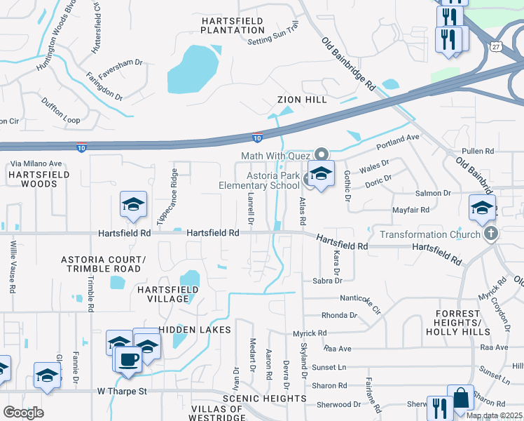map of restaurants, bars, coffee shops, grocery stores, and more near 2444 Talco Hills Drive in Tallahassee