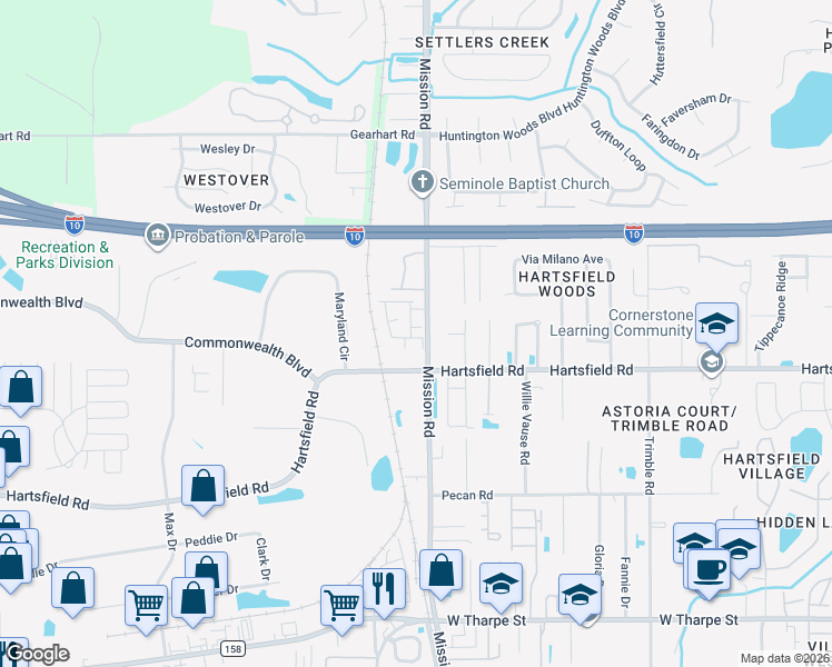 map of restaurants, bars, coffee shops, grocery stores, and more near 2815 Herring Drive in Tallahassee