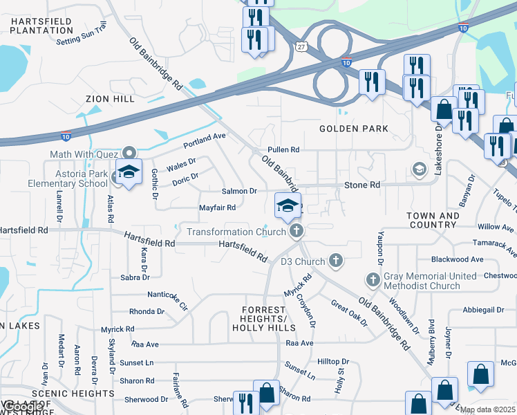 map of restaurants, bars, coffee shops, grocery stores, and more near 2422 Willamette Road in Tallahassee