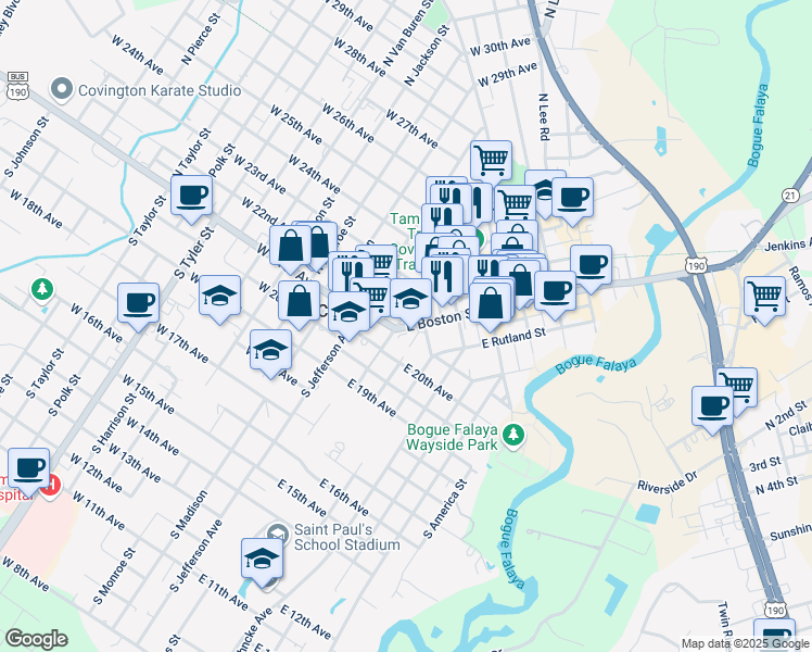 map of restaurants, bars, coffee shops, grocery stores, and more near 190 Louisiana 21 in Madisonville