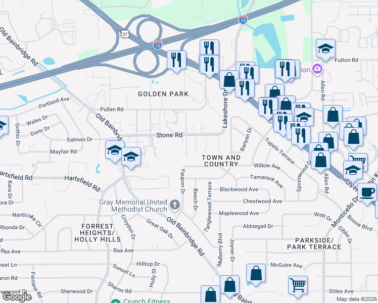 map of restaurants, bars, coffee shops, grocery stores, and more near 2489 East Thundell Drive in Tallahassee