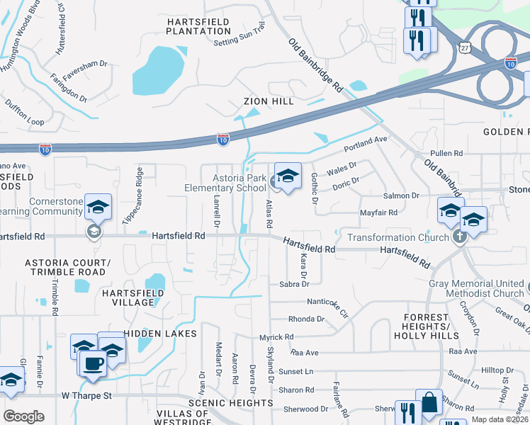 map of restaurants, bars, coffee shops, grocery stores, and more near 2426 Atlas Road in Tallahassee