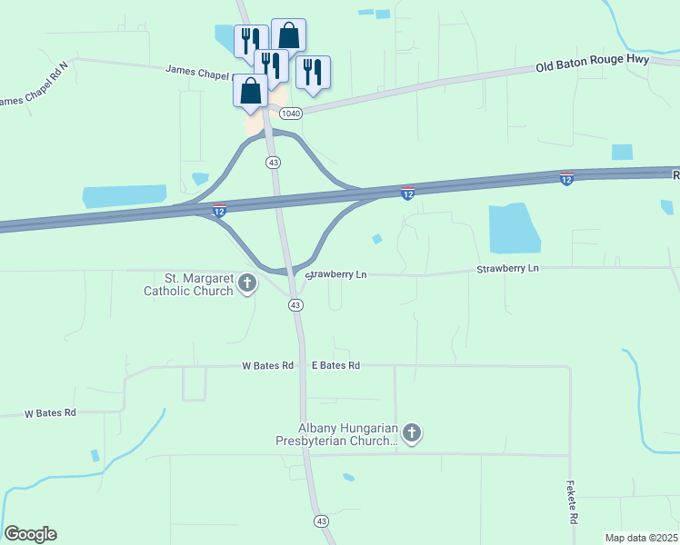 map of restaurants, bars, coffee shops, grocery stores, and more near 30547 Strawberry Lane in Hammond