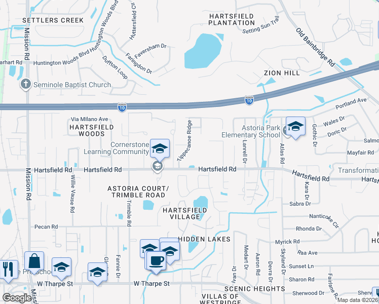 map of restaurants, bars, coffee shops, grocery stores, and more near 2308 Flint Run in Tallahassee