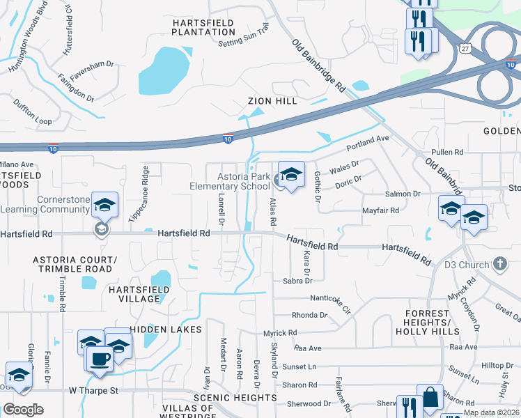 map of restaurants, bars, coffee shops, grocery stores, and more near 2443 Nugget Lane in Tallahassee