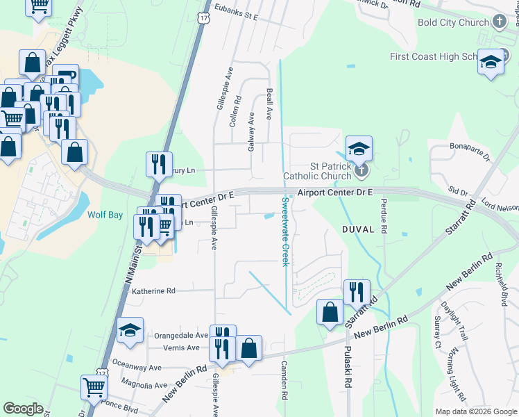 map of restaurants, bars, coffee shops, grocery stores, and more near 13140 Annies Walk Drive in Jacksonville
