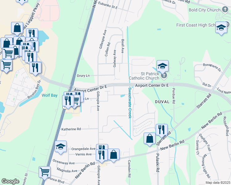 map of restaurants, bars, coffee shops, grocery stores, and more near 13140 Annies Walk Drive in Jacksonville