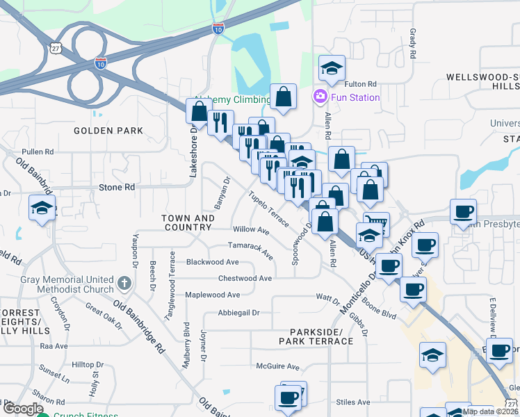 map of restaurants, bars, coffee shops, grocery stores, and more near 2509 Tupelo Terrace in Tallahassee