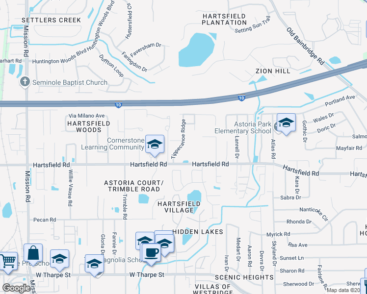 map of restaurants, bars, coffee shops, grocery stores, and more near 2308 Flint Run in Tallahassee