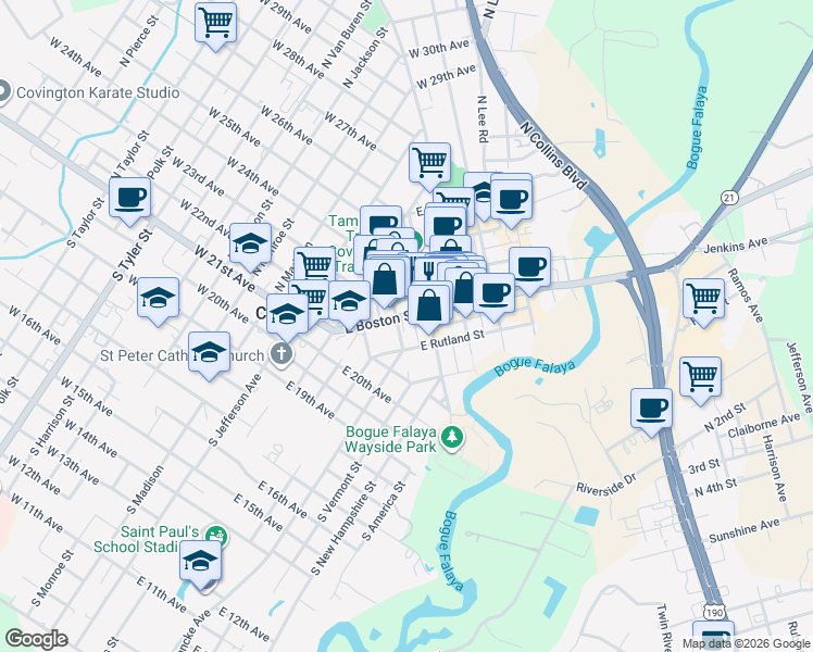 map of restaurants, bars, coffee shops, grocery stores, and more near 420 East Boston Street in Covington