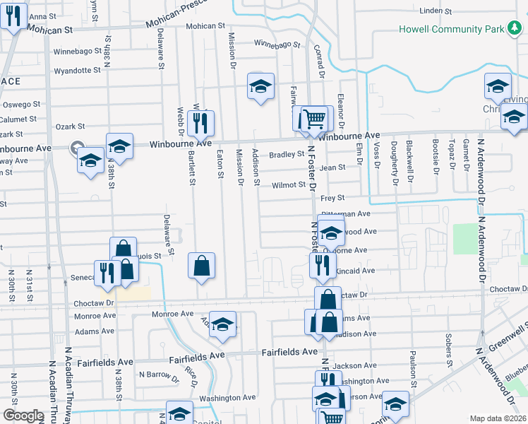 map of restaurants, bars, coffee shops, grocery stores, and more near 4712 Frey Street in Baton Rouge