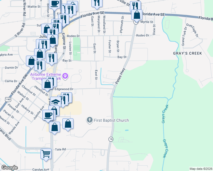 map of restaurants, bars, coffee shops, grocery stores, and more near 423 Edgewood Drive in Denham Springs