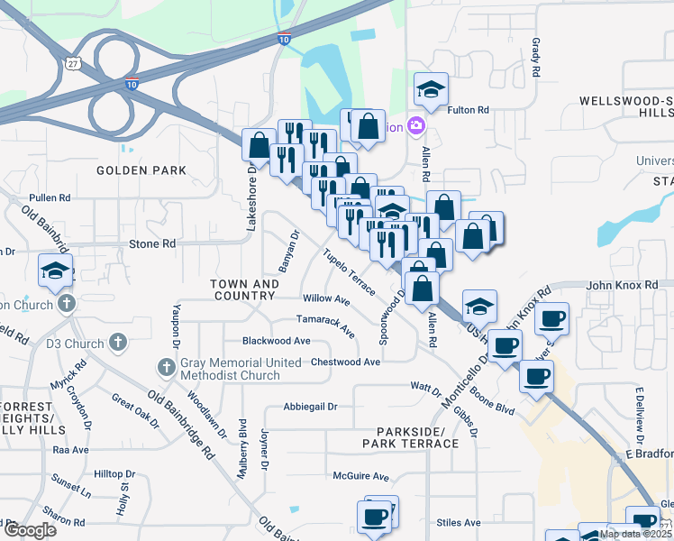 map of restaurants, bars, coffee shops, grocery stores, and more near 2509 Tupelo Terrace in Tallahassee