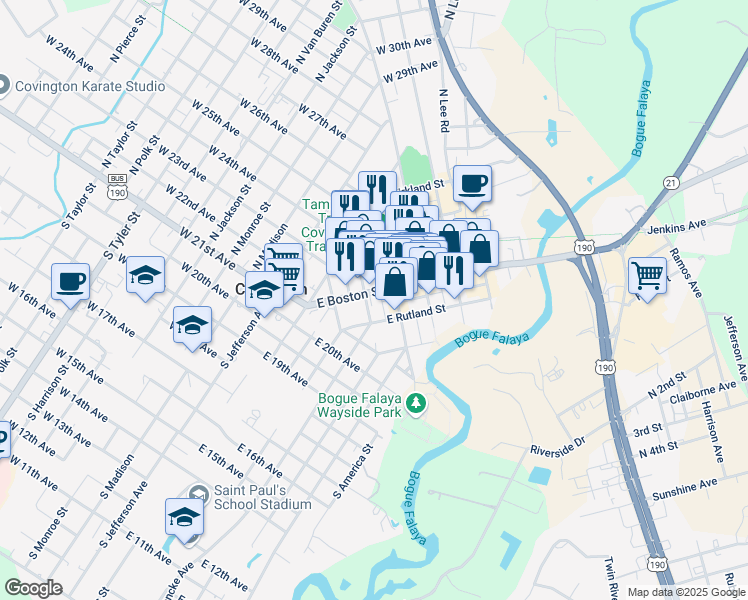map of restaurants, bars, coffee shops, grocery stores, and more near 420 East Boston Street in Covington