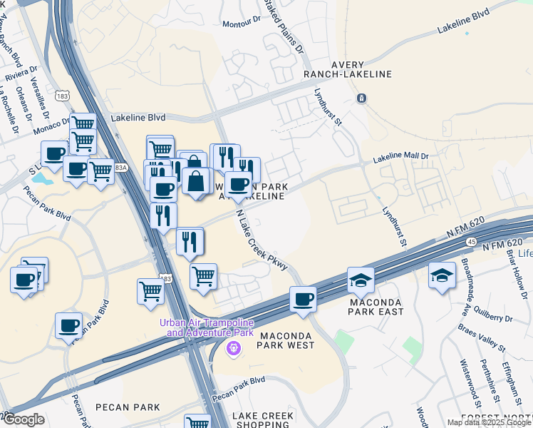map of restaurants, bars, coffee shops, grocery stores, and more near 10701 Lakeline Mall Drive in Austin