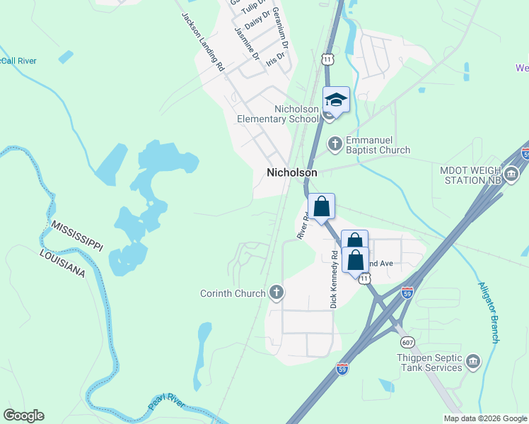 map of restaurants, bars, coffee shops, grocery stores, and more near Doug Holcomb Road in Picayune