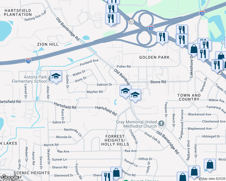 map of restaurants, bars, coffee shops, grocery stores, and more near 2422 Willamette Road in Tallahassee