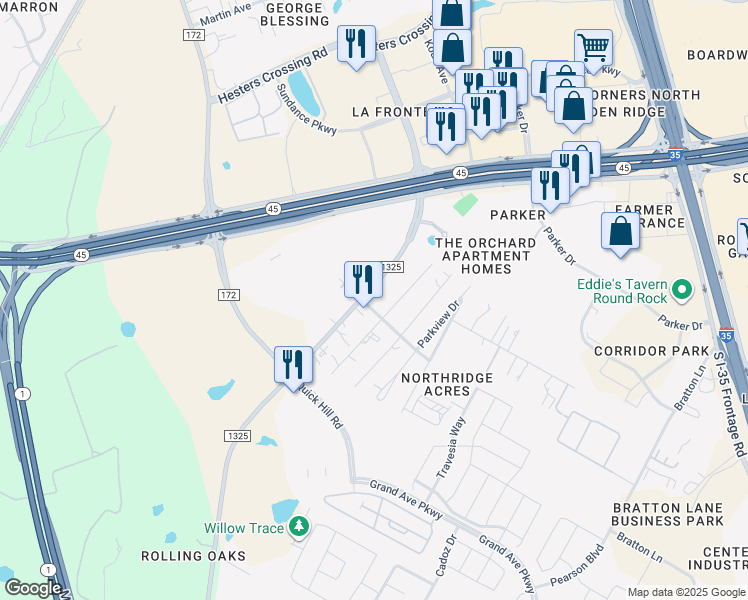 map of restaurants, bars, coffee shops, grocery stores, and more near 16403 Farm to Market Road 1325 in Austin