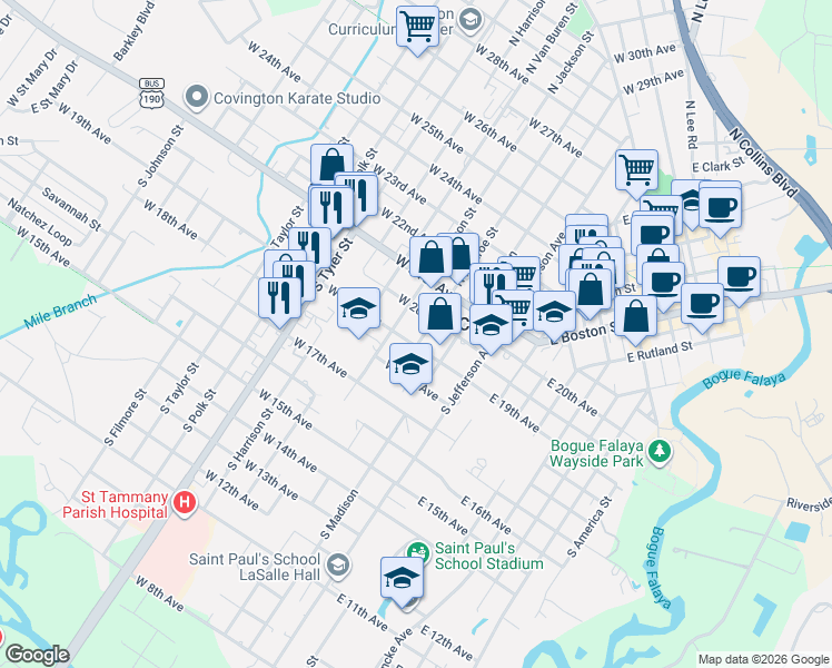 map of restaurants, bars, coffee shops, grocery stores, and more near 305 West 20th Avenue in Covington