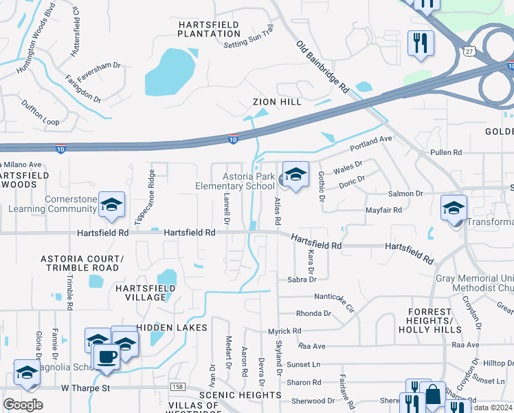 map of restaurants, bars, coffee shops, grocery stores, and more near 2450 Nugget Lane in Tallahassee