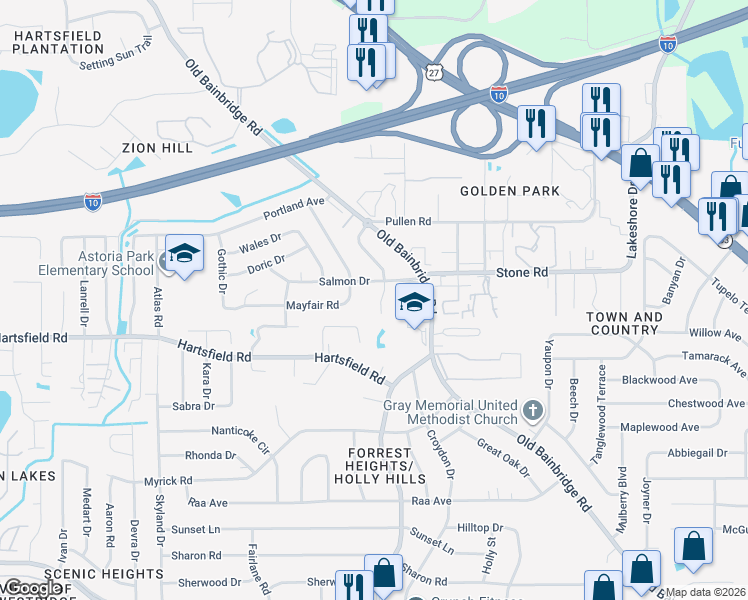 map of restaurants, bars, coffee shops, grocery stores, and more near 2422 Willamette Road in Tallahassee
