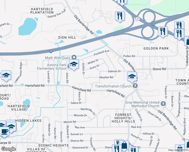 map of restaurants, bars, coffee shops, grocery stores, and more near 1824 Mayfair Road in Tallahassee