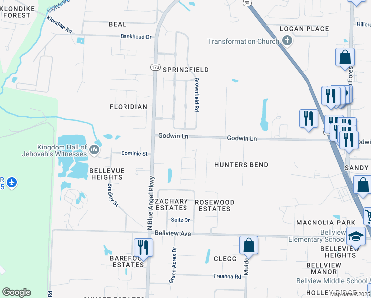 map of restaurants, bars, coffee shops, grocery stores, and more near 3545 Godwin Lane in Pensacola