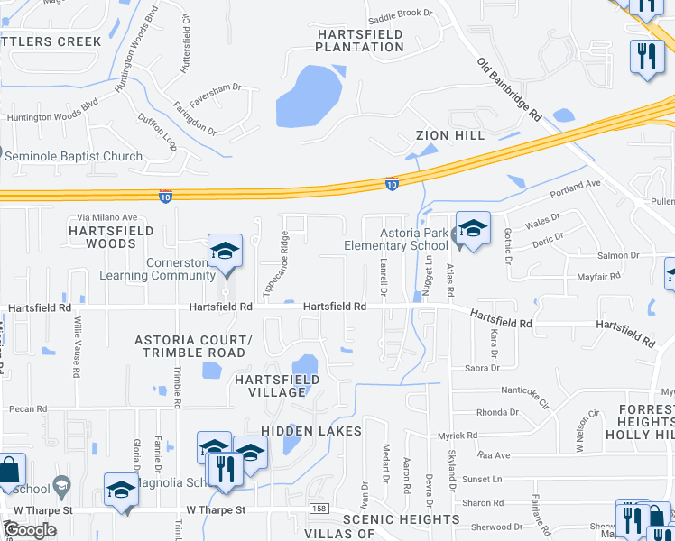 map of restaurants, bars, coffee shops, grocery stores, and more near 2320 Garland Court in Tallahassee