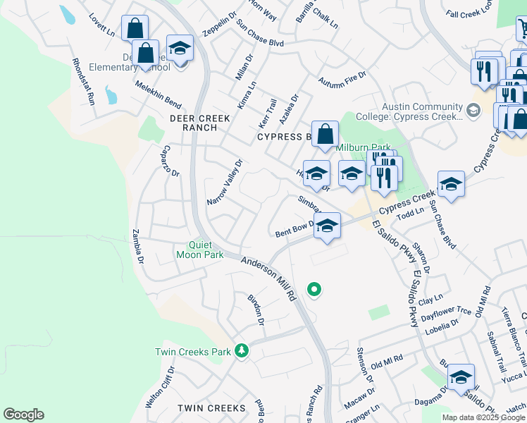 map of restaurants, bars, coffee shops, grocery stores, and more near 2400 Drifting Leaf Drive in Cedar Park