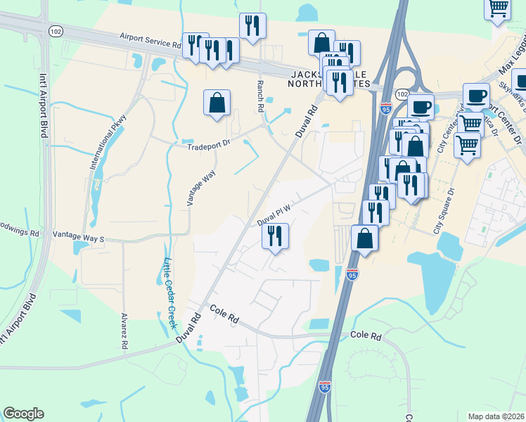 map of restaurants, bars, coffee shops, grocery stores, and more near 14403 Duval Place West in Jacksonville