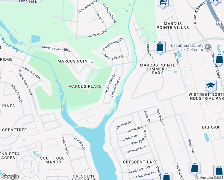 map of restaurants, bars, coffee shops, grocery stores, and more near 5102 Pine Hollow Drive in Pensacola