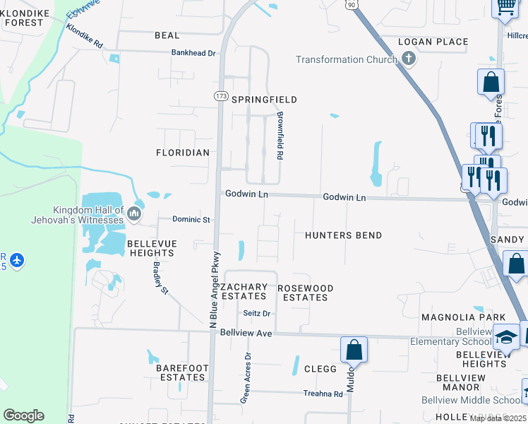 map of restaurants, bars, coffee shops, grocery stores, and more near 3545 Godwin Lane in Pensacola