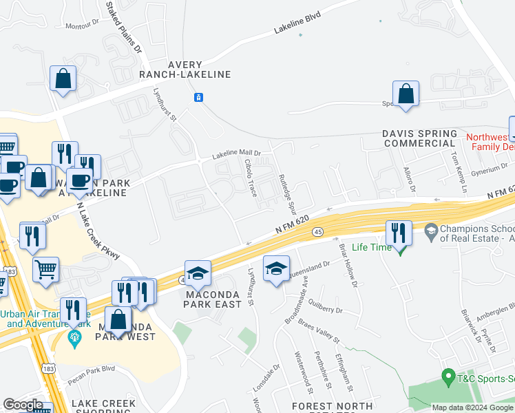 map of restaurants, bars, coffee shops, grocery stores, and more near 13606 Cibolo Trace in Austin