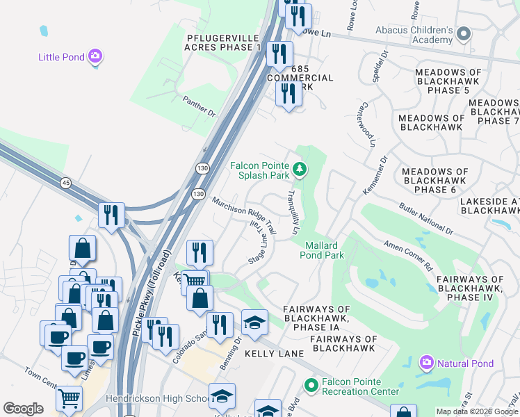 map of restaurants, bars, coffee shops, grocery stores, and more near 1901 Meandering Meadows Drive in Pflugerville