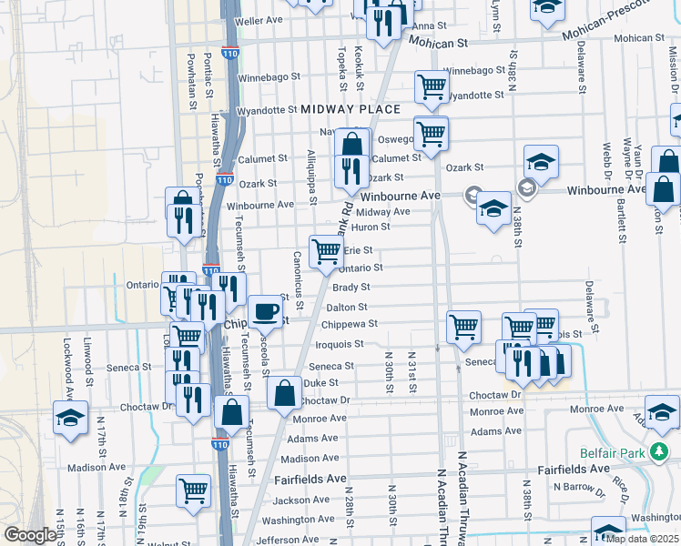 map of restaurants, bars, coffee shops, grocery stores, and more near 2731 Ontario Street in Baton Rouge