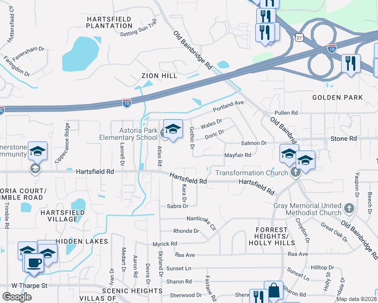map of restaurants, bars, coffee shops, grocery stores, and more near 2406 Gothic Drive in Tallahassee