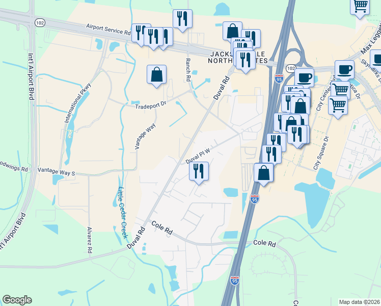 map of restaurants, bars, coffee shops, grocery stores, and more near 14403 Duval Place West in Jacksonville