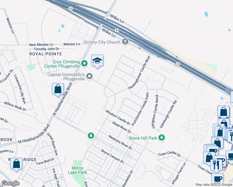 map of restaurants, bars, coffee shops, grocery stores, and more near 16611 Huntingtower Castle Boulevard in Pflugerville