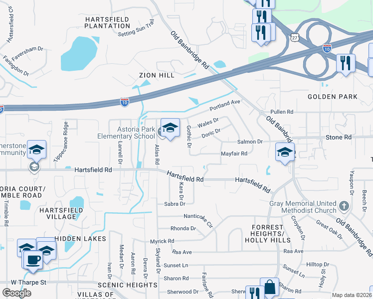 map of restaurants, bars, coffee shops, grocery stores, and more near 2406 Gothic Drive in Tallahassee