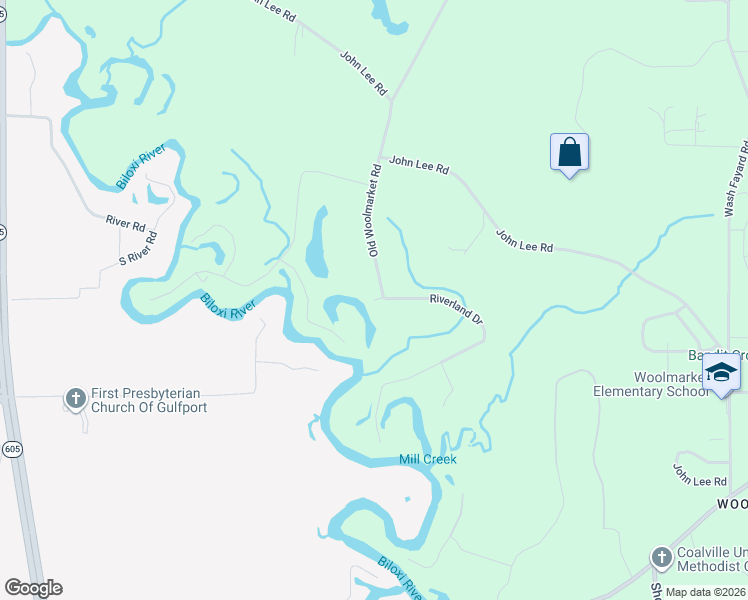 map of restaurants, bars, coffee shops, grocery stores, and more near 13398 Riverland Drive in Biloxi