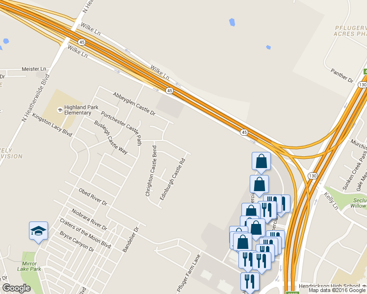 map of restaurants, bars, coffee shops, grocery stores, and more near 1032 Kensington Castle Trail in Pflugerville