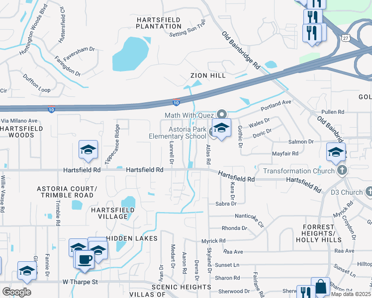 map of restaurants, bars, coffee shops, grocery stores, and more near 2435 Talco Hills Drive in Tallahassee