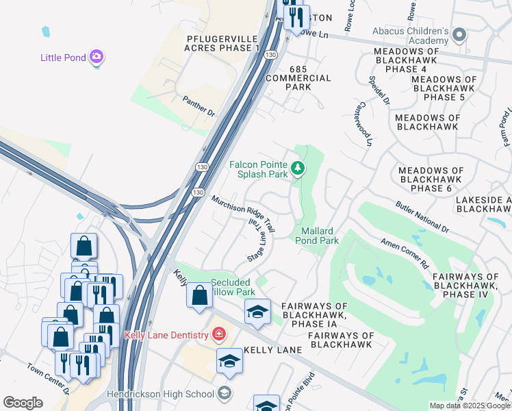map of restaurants, bars, coffee shops, grocery stores, and more near 19504 Drifting Meadows Drive in Pflugerville