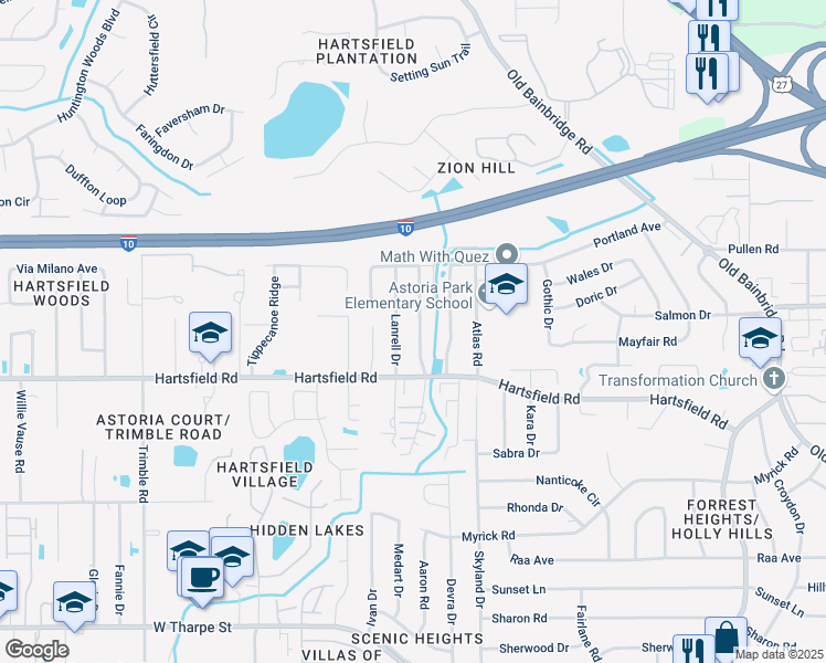 map of restaurants, bars, coffee shops, grocery stores, and more near 2444 Talco Hills Drive in Tallahassee