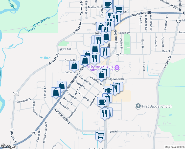 map of restaurants, bars, coffee shops, grocery stores, and more near 217 Lasalle Street in Denham Springs