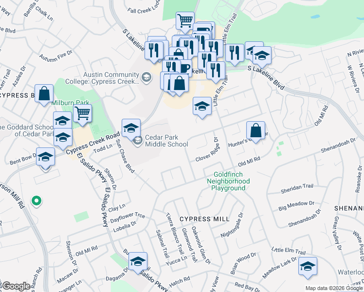 map of restaurants, bars, coffee shops, grocery stores, and more near 1311 Brighton Bend Lane in Cedar Park