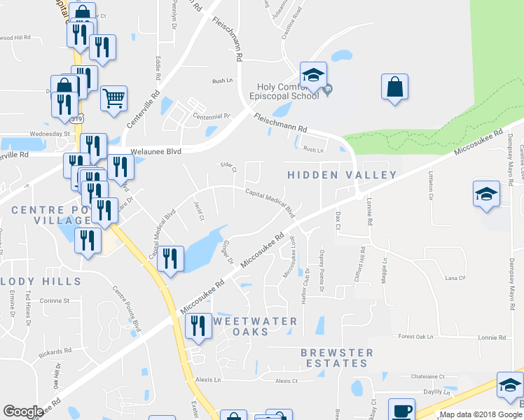 map of restaurants, bars, coffee shops, grocery stores, and more near 3333 Capital Medical Boulevard in Tallahassee