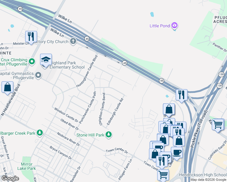 map of restaurants, bars, coffee shops, grocery stores, and more near 1009 Kensington Castle Trail in Pflugerville