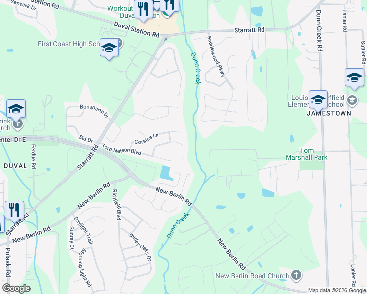map of restaurants, bars, coffee shops, grocery stores, and more near 13116 Notre Dame Lane in Jacksonville