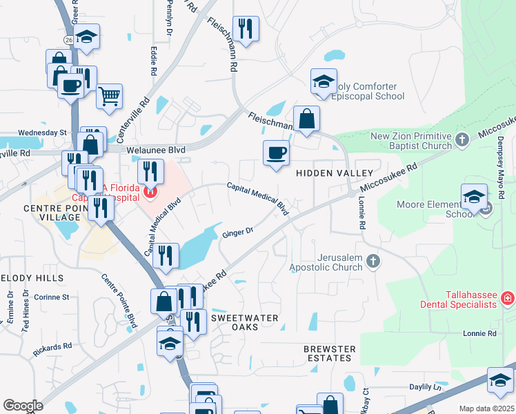 map of restaurants, bars, coffee shops, grocery stores, and more near 3333 Capital Medical Boulevard in Tallahassee
